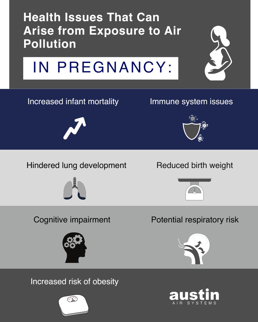 Infographic on health issues that can result from exposure to air pollution in pregnancy, which include: increased infant mortality, immune system issues, hindered lung development, reduced birth weight, cognitive impairment, respiratory issues, and increased risk of obesity.