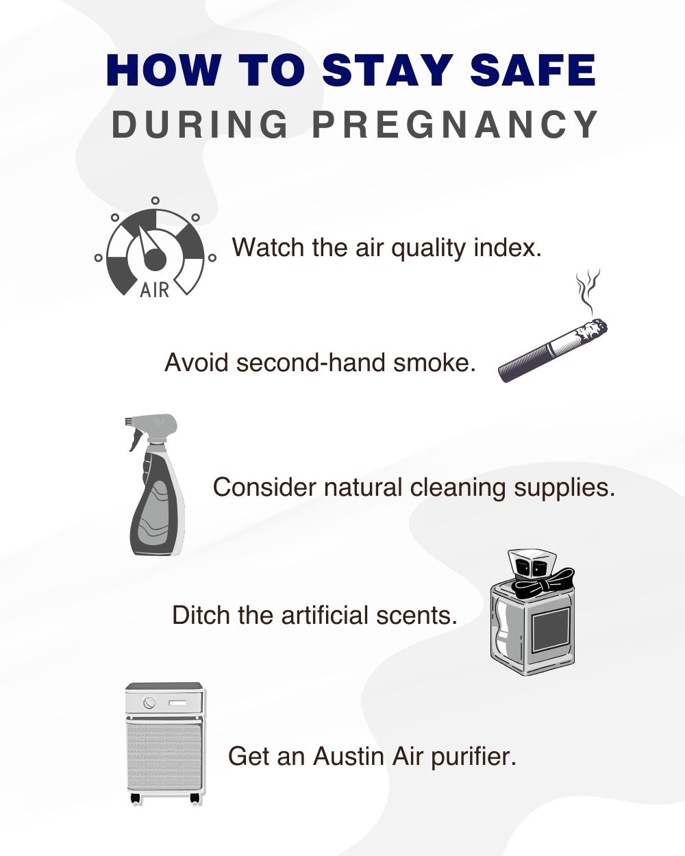 Infographic on how to avoid airborne contaminants during pregnancy which include: check the Air Quality Index, avoid secondhand smoke/vaping, consider natural cleaning products, ditch artificial scents, and use an Austin Air cleaner.