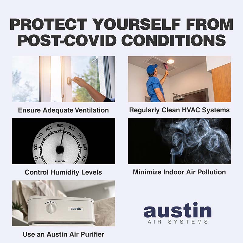 Maintain good air quality to help protect yourself from long-COVID with good ventilation, HVAC maintenance, controlled humidity and air pollution, plus an Austin Air cleaner.