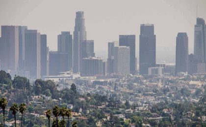 A daytime photo of downtown Los Angeles with some palm trees in the front left corner. The view is obstructed by a haze of smog.