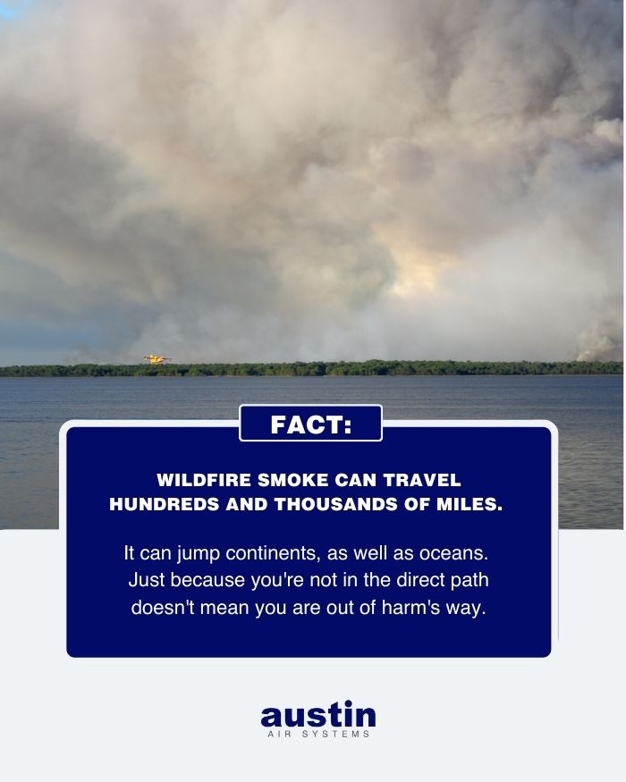 A photo of a wildfire on the shore of a large body of water, the flame is visible within a forest. A blue box with text states: “FACT: WILDFIRE SMOKE CAN TRAVEL HUNDREDS AND THOUSANDS OF MILES. It can jump continents, as well as oceans. Just because you’re not in the direct path doesn’t mean you are out of harm’s way.” Below the text, there is a white background and a blue logo for Austin Air Systems.