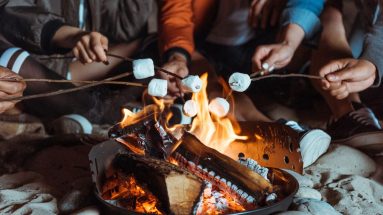 A photo showing a bonfire on a beach, with logs burning, and five different people roasting marshmallows on sticks. (Only the feet, hands, and some of the torsos of the people are visible, everyone is sitting in the sand.)