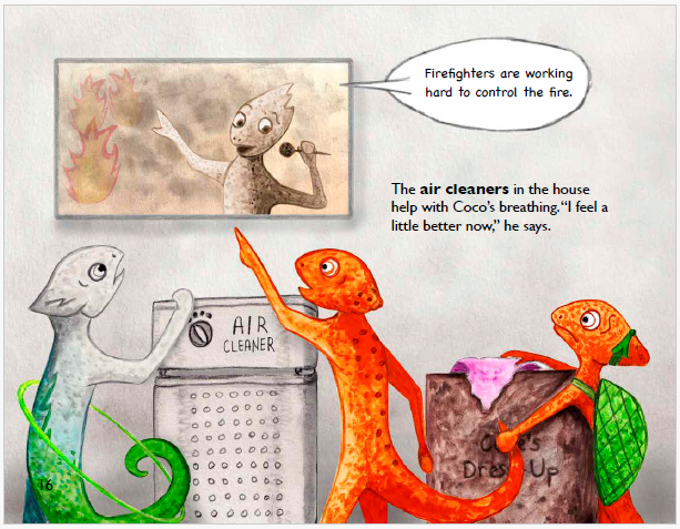 Page 16 of “Why Is Coco Red?” children’s book by the U.S. EPA shows three children chameleons playing inside because the air quality is bad due to a wildfire and there is an air cleaner inside. Two of the chameleons are red like the Air Quality Index and one is grey to match the smoke outside. The TV is on and a reporter is on screen near the fire. The air purifier is unmistakably modeled after an Austin Air cleaner. It is helping one of the chameleon’s with asthma to breathe better.