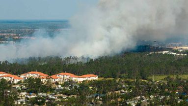 A vista of buildings near a countryside that is on fire. There are several large luxury apartment buildings in the left foreground.