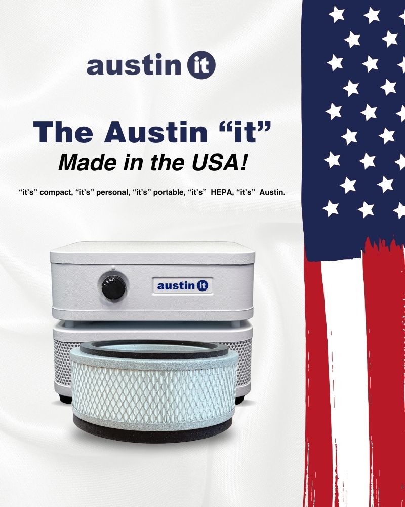 A graphic touting that the Austin “it” is made in the USA with a photo of the personal air cleaner and a HEPA filter, and flag imagery on the right-hand side of the image.