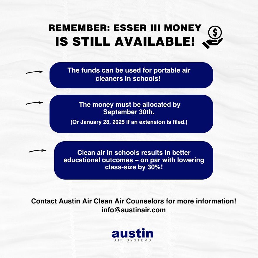 Infographic to remind folks: “REMEMBER: ESSER III money is still available!” The following text is in royal blue ovals, in white writing: “The funds can be used for portable air cleaners in schools! The money must be allocated by September 30th. (Or January 28, 2025 if an extension is filed.) Clean air in schools results in better educational outcomes – on par with lowering class-size by 30%! Contact Austin Air Clean Air Counselors for more information! info@austinair.com” The words, “Austin Air Systems,” are in royal blue at the bottom center of the graphic. 