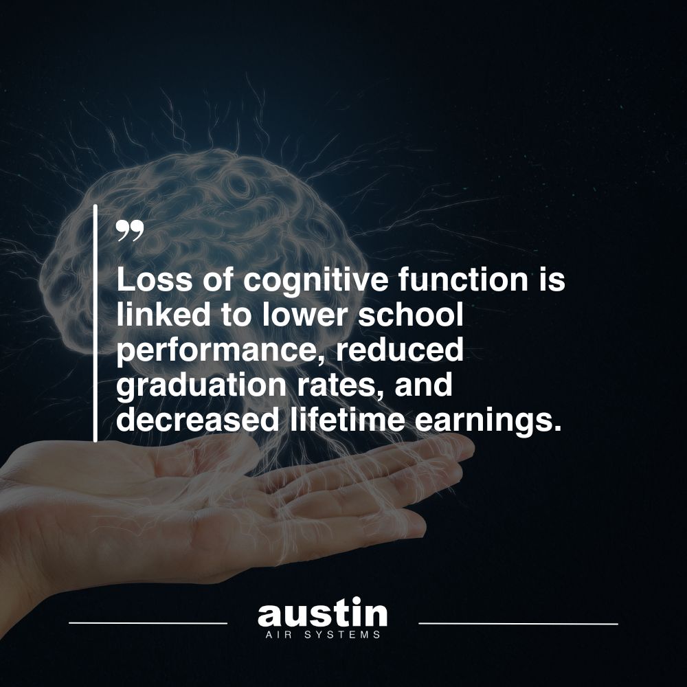 In-blog graphic to highlight the fact: “Loss of cognitive function is linked to lower school performance, reduced graduation rates, and decreased lifetime earnings,” written in white writing over a stock image of a clear brain hovering over an outstretched palm. The words: “Austin Air Systems” are located in the bottom center of the image, in white text.