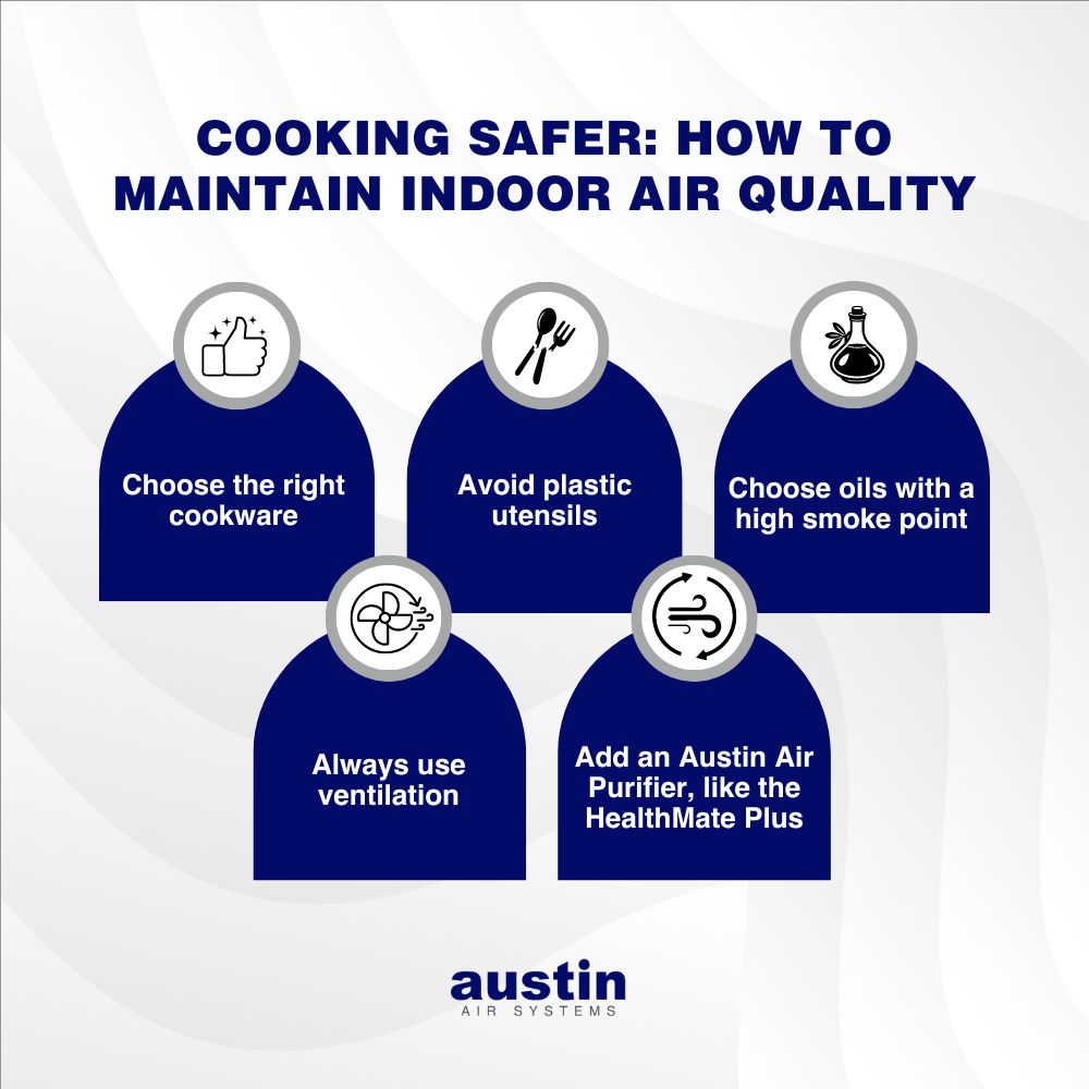 Infographic explaining: “Cooking Safer: How to Maintain Indoor Air Quality,” written in royal blue text over a light gray background. Each point is in a royal blue half circle with a small graphic: Choose the right cookware (with a thumb up image), Avoid plastic utensils (with a broken spoon and fork), Choose oils with a high smoke point (with a drawing of a bottle of oil), Always use ventilation (with a graphic of a fan), Add an Austin Air Purifier, like the HealthMate Plus (with a graphic of a breeze). The words: “Austin Air Systems” are in the bottom, center.