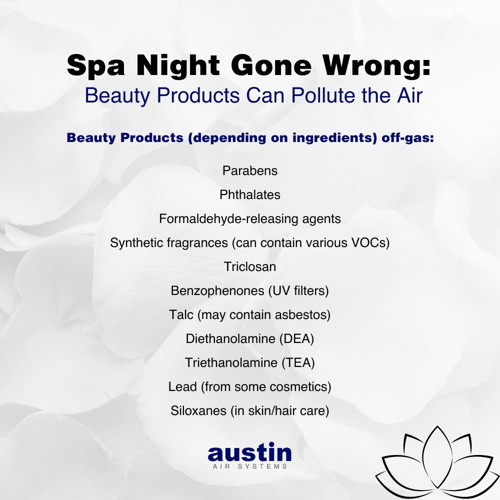 An infographic explaining: “Spa Night Gone Wrong: Beauty Products Can Pollute the Air Beauty Products (depending on ingredients) off-gas: Parabens, Phthalates, Formaldehyde-releasing agents, Synthetic fragrances (can contain various VOCs), Triclosan, Benzophenones (UV filters), Talc (may contain asbestos), Diethanolamine (DEA), Triethanolamine (TEA), Lead (from some cosmetics), and Siloxanes (in skin/hair care) The text is over a light blue background with subtle rose petals. There is a black line drawing of a lotus flower in the bottom right corner. The words, “Austin Air Systems,” are in royal blue and gray in the bottom center.