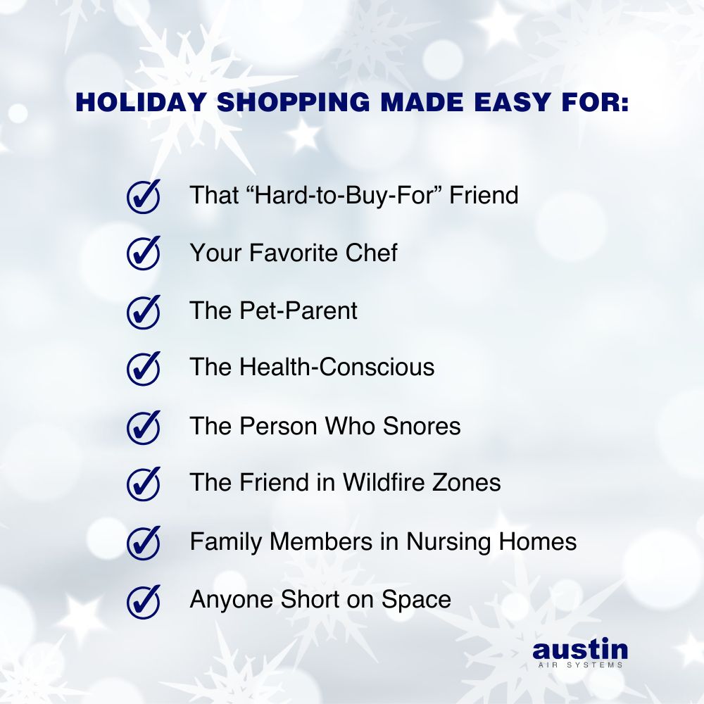 Infographic explaining: “Holiday shopping made easy for: That “Hard-to-Buy-For” Friend, Your Favorite Chef, the Pet-Parent, The Health-Conscious, the Person Who Snores, the Friend in Wildfire Zones, Family Members in Nursing Homes, and Anyone Short on Space” The text is royal blue and black over a light blue background with white snowflakes and stars. The words, “Austin Air Systems,” are in royal blue and dark gray in the bottom right corner.