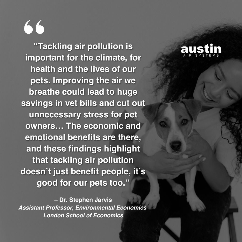 A stock image of a beautiful Black woman sitting on a stool and smiling while holding a beagle towards the right of the picture with a quote on the left stating: “Tackling air pollution is important for the climate, for health and the lives of our pets. Improving the air we breathe could lead to huge savings in vet bills and cut out unnecessary stress for pet owners… The economic and emotional benefits are there, and these findings highlight that tackling air pollution doesn’t just benefit people, it’s good for our pets too.” – Dr. Stephen Jarvis, Assistant Professor, Environmental Economics, London School of Economics