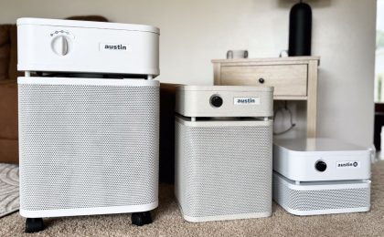 Three Austin Air purifiers, one in each size: standard, junior, and the "it" personal air purifier.