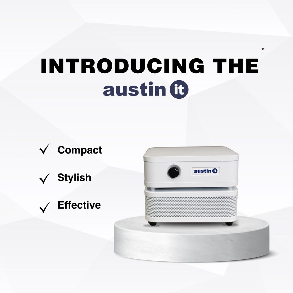 A graphic introducing the Austin “it” – a picture of the Austin “it” is on the right, next to the words “compact, stylish, and effective” on the left. The Austin “it” is a small appliance that is rectangular with a black knob on the top left.