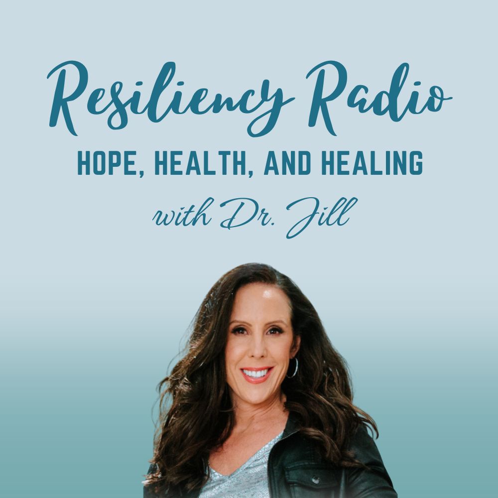 A digital poster for “Resiliency Radio: Hope, Health, and Healing with Dr. Jill” featuring the title in light blue lettering over an even lighter blue background which is darker toward the bottom of the frame. Dr. Jill, a smiling brunette with long hair, is in the center bottom. She is wearing a black leather jacket over a light blue shirt.