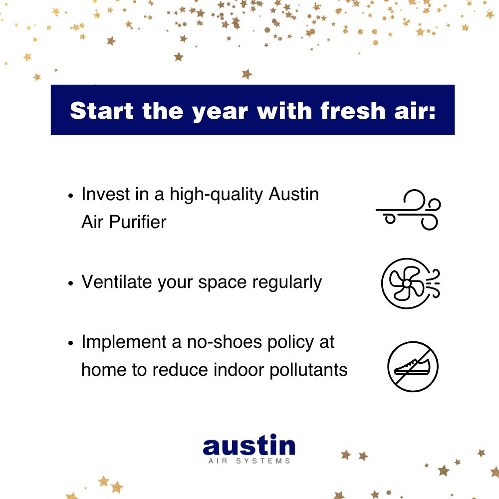 Infographic encouraging readers to: “Start the year with fresh air: Invest in a high-quality Austin Air Purifier, Ventilate your space regularly, and Implement a no-shoes policy at home to reduce indoor pollutants.” The text is on a white background with gold stars at the top of the page and a few more stars at the bottom. The words: “Austin Air Systems,” are in the bottom center in royal blue and gray. 