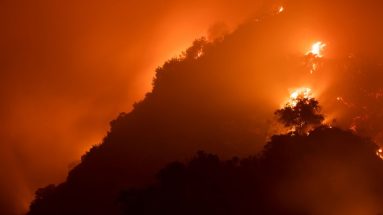 A wildfire burning on a forested hillside, similar to the scenes during the California wildfires of January 2025.