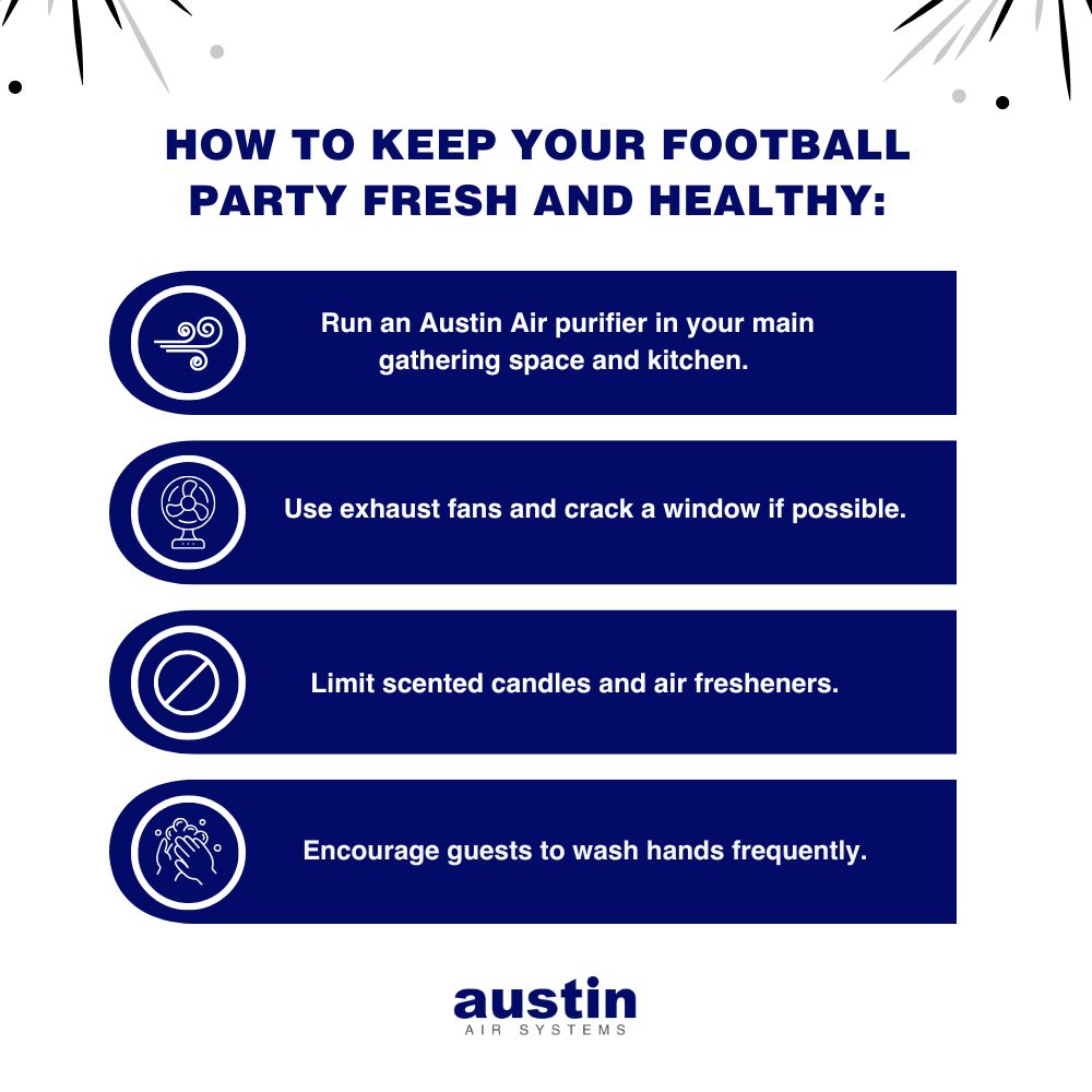 Infographic explaining, “How to Keep Your Football Party Fresh and Healthy: Run an Austin Air purifier in your main gathering space and kitchen, Use exhaust fans and crack a window if possible, Limit scented candles and air fresheners, and Encourage guests to wash hands frequently.” The words, “Austin Air Systems,” are at the bottom in the center.