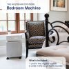 Sandstone bedroom machine is next to a chair in a bedroom. The blue text at the top says, The Austin Air Systems Bedroom Machine. At the bottom it says what is included in the VOC bundle which is 1 unit in the regular bundle and 2 units in the large home bundle.