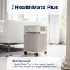 Shows the sandstone HealthMate plus in a living room next to a white couch. Big blue text at the top says The HealthMate Plus. Blue text at the bottom says what is included in the VOC bundle which is 1 HealthMate Plus in the regular bundle and 2 HM Plus units in the large home bundle.