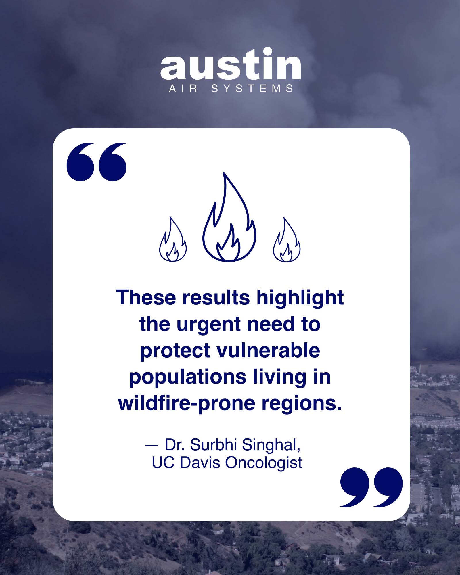 Pull quote from Dr. Surbhi Singhal, UC Davis Oncologist, who conducted the research linking the increase of lung cancer death to exposure to wildfire smoke: “These results highlight the urgent need to protect vulnerable populations living in wildfire-prone regions.”