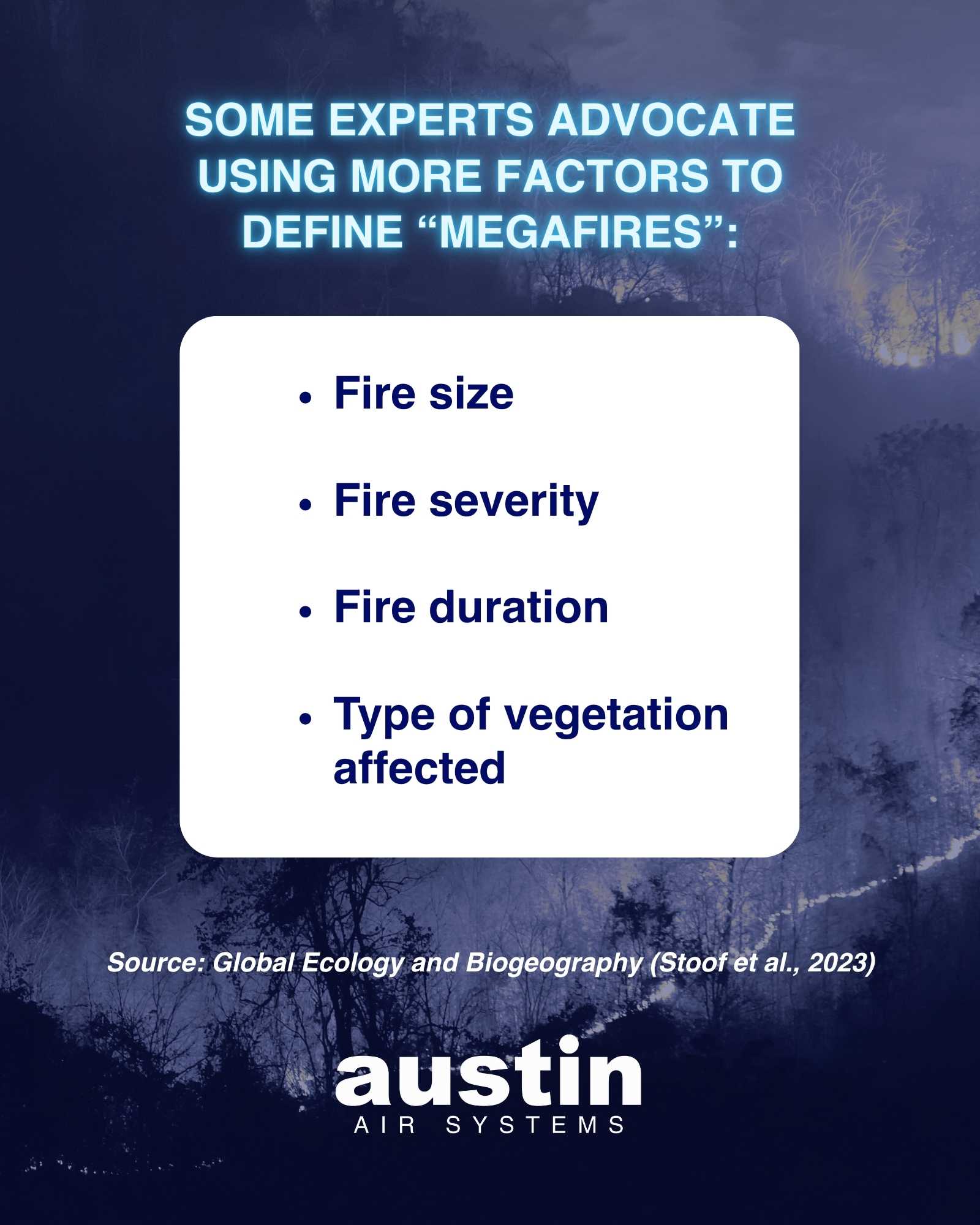 Infographic emphasizing information in the article – that some experts advocate using more factors to define megafires, besides size, like severity, duration, and the type of vegetation affected.