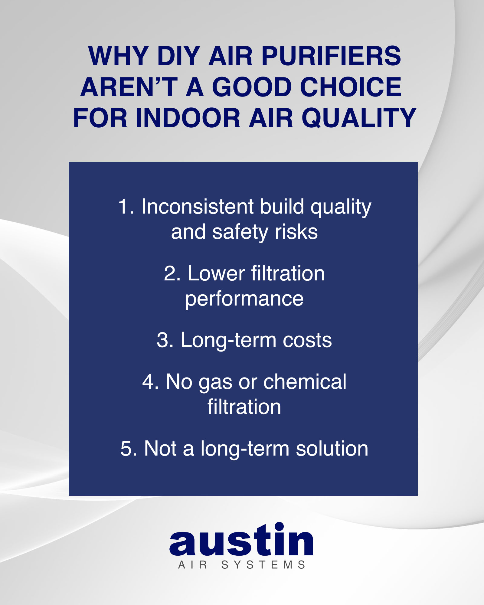 An infographic reviewing why DIY air purifiers aren’t a good choice for Indoor Air Quality. (All of the text reviewed is in the article.)