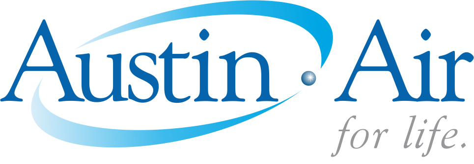An old logo for Austin Air – it has a blue swirl around the words “Austin Air FOR LIFE.”